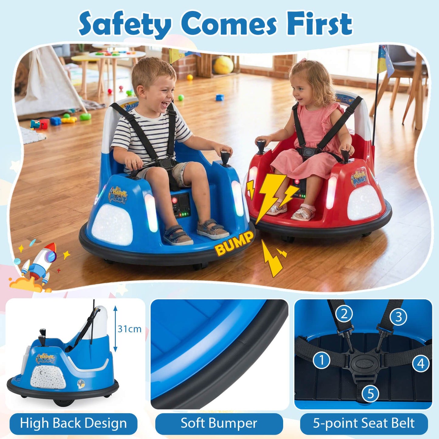 12V Bumper Car for Kids with Remote Control and Lighting Modes