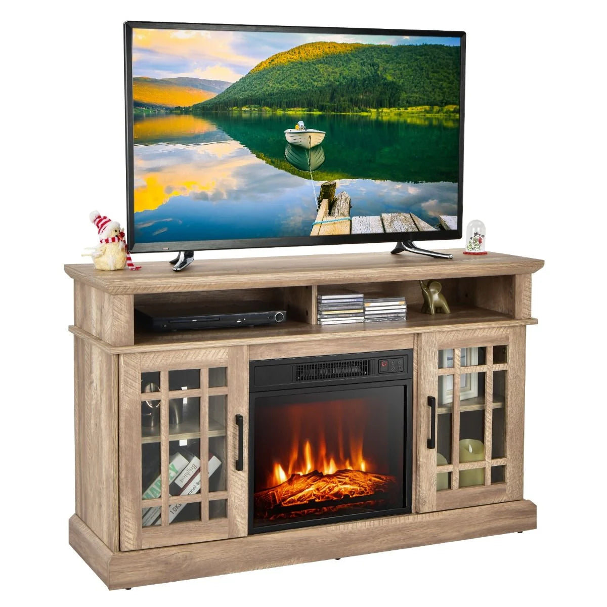 GiantexUK Electric Fireplace Insert TV Stand, Living Room Wooden Console Entertainment Center with Electric Fire