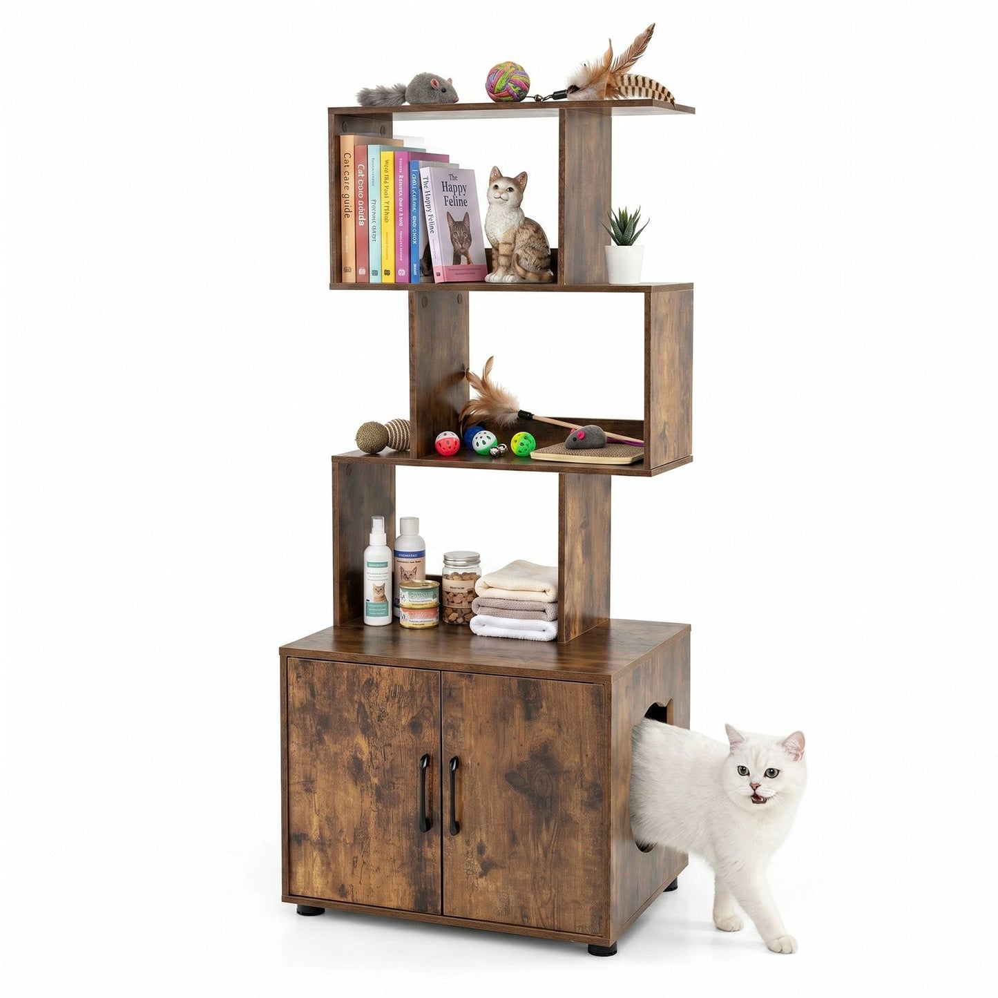 141 CM Tall Cat Litter Box Enclosure with 3 Open Shelves & Side Entry for Indoor