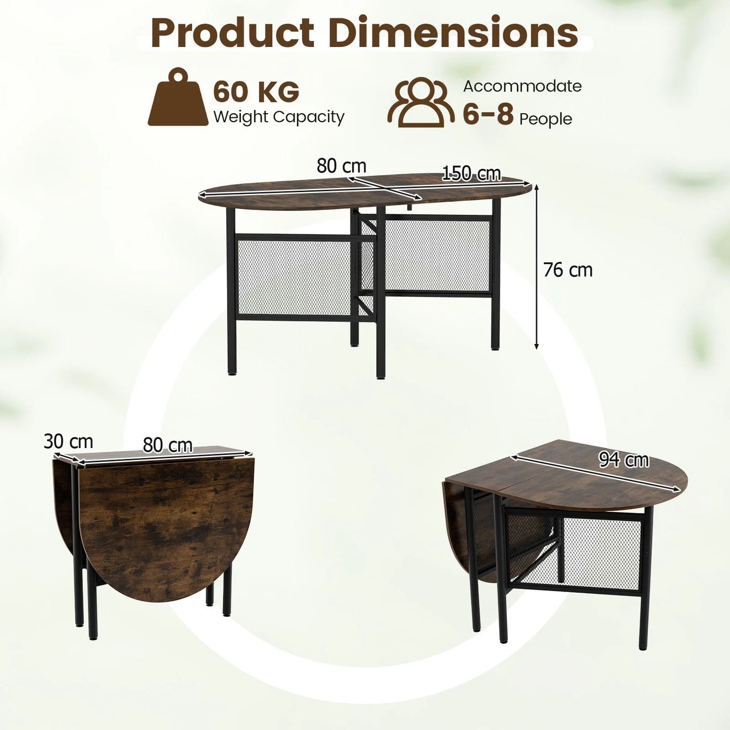 150 CM Folding Dining Table for 6-8 People with Metal Legs