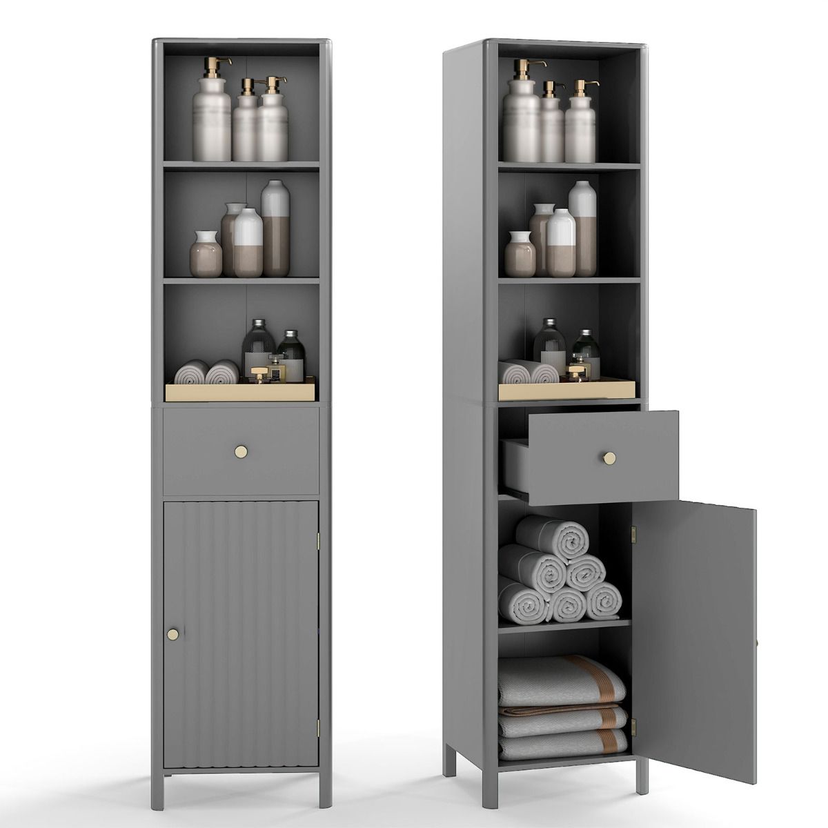 170cm Tall Bathroom Cabinet with Fluted Door and 1 Drawer 3 Open Shelves