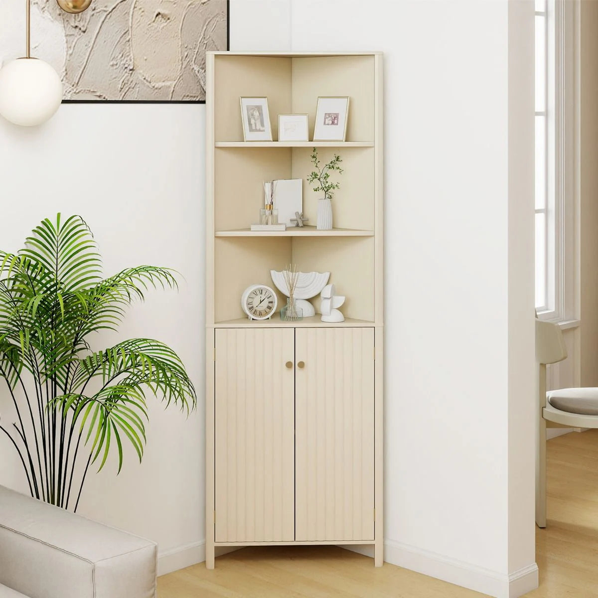 172 CM Tall Corner Cabinet with 5 Shelves and 2 Fluted Doors