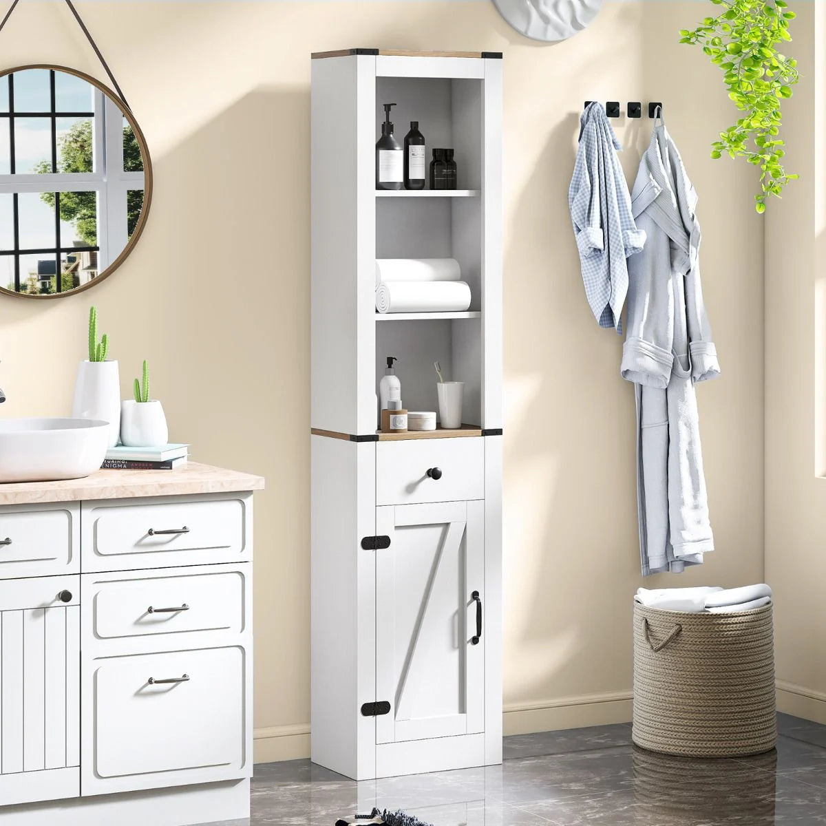173cm Tall Bathroom Cabinet with Drawer and Adjustable Shelf
