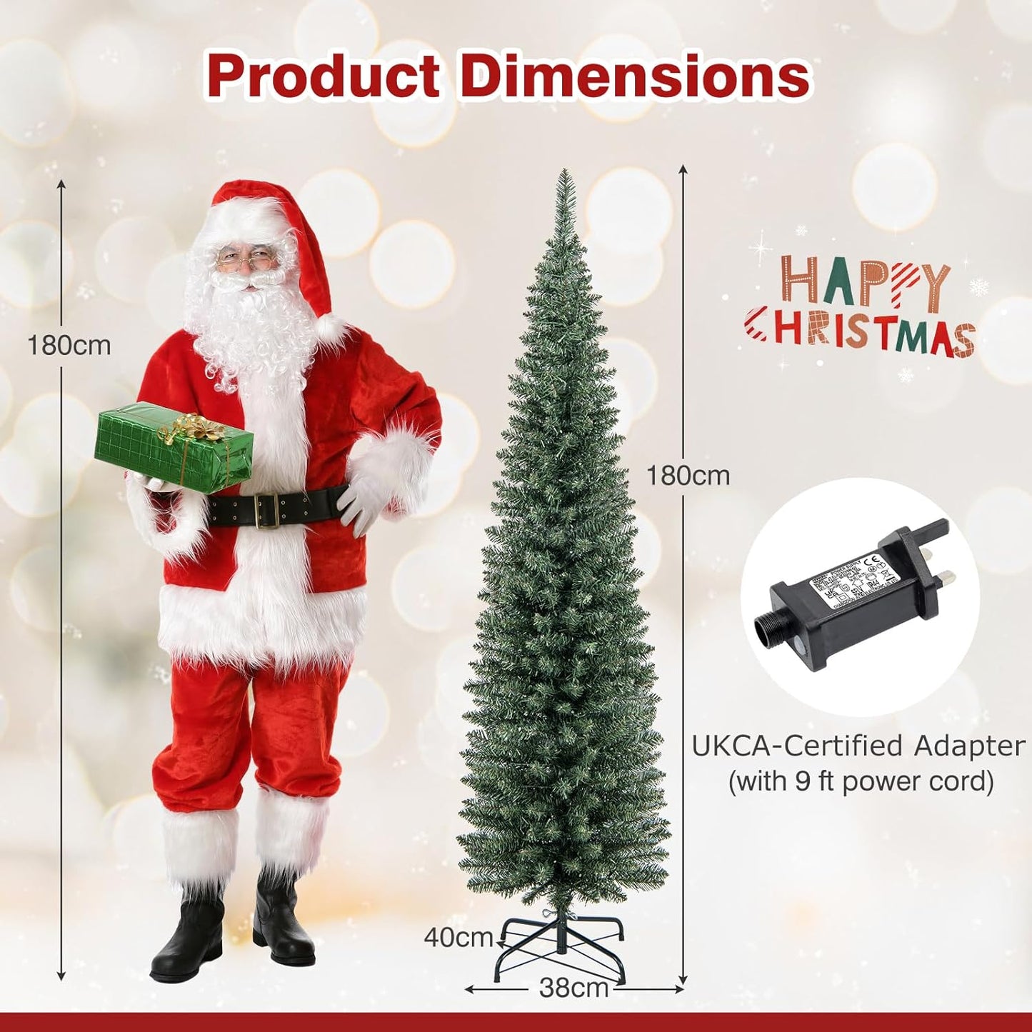 5FT Pre-Lit Artificial Christmas Tree, Slim Pencil Xmas Tree with 296 Branch Tips, 150 Warm-White LED Lights