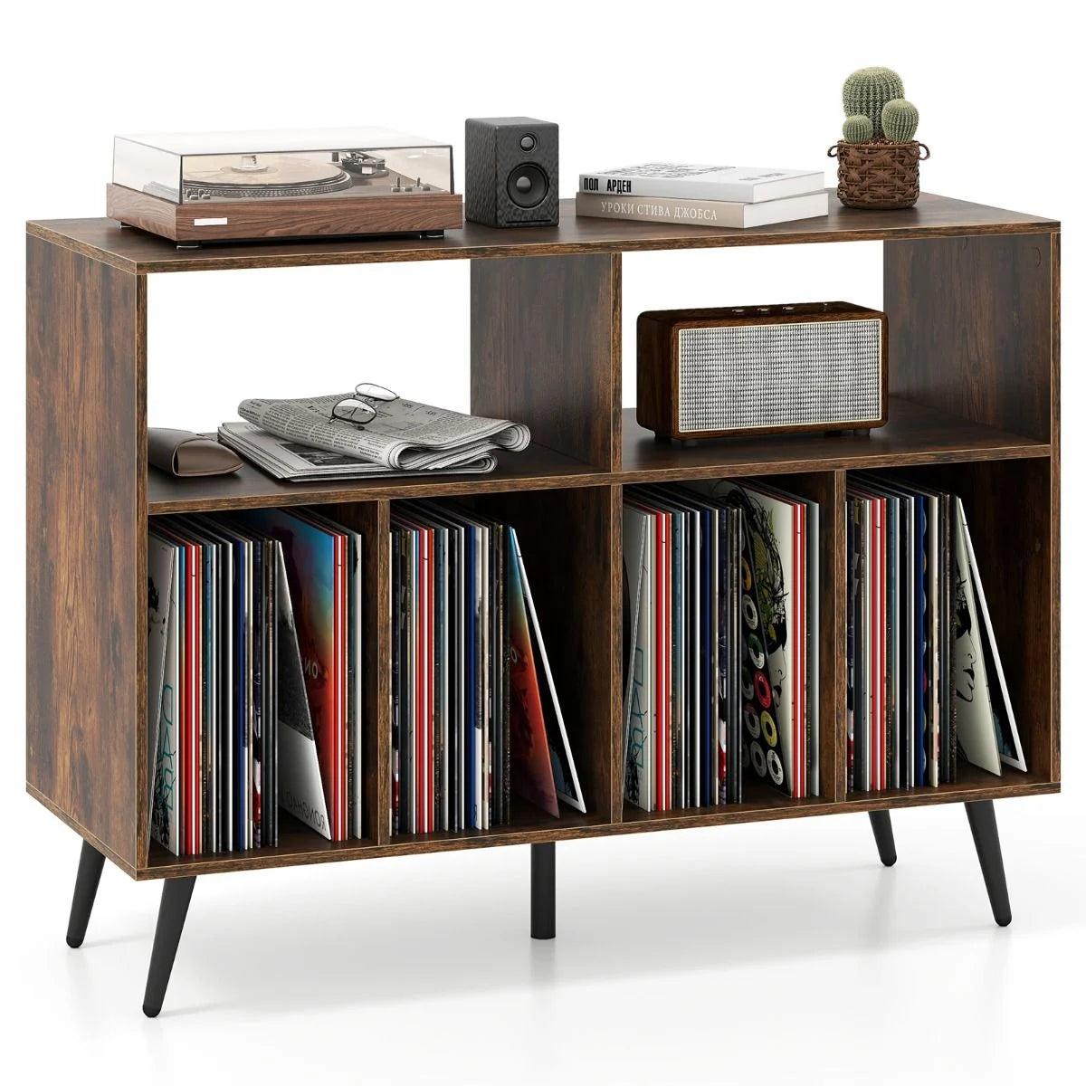 Record Player Stand with Charging Station and Storage Shelves