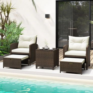 5 Piece Patio Rattan Furniture with 2 Ottomans and Tempered Glass Coffee Table