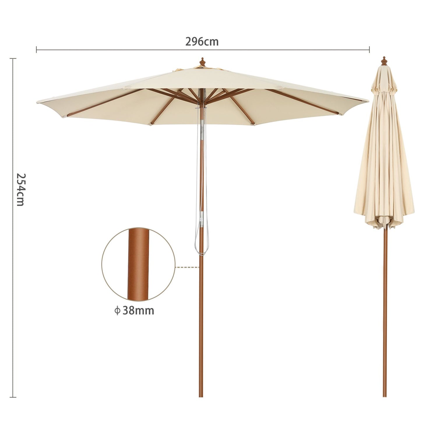 2.7/3m Wooden Patio Parasol Sun Shade Umbrella with 8 Ribs