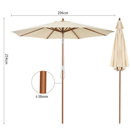 2.7/3m Wooden Patio Parasol Sun Shade Umbrella with 8 Ribs
