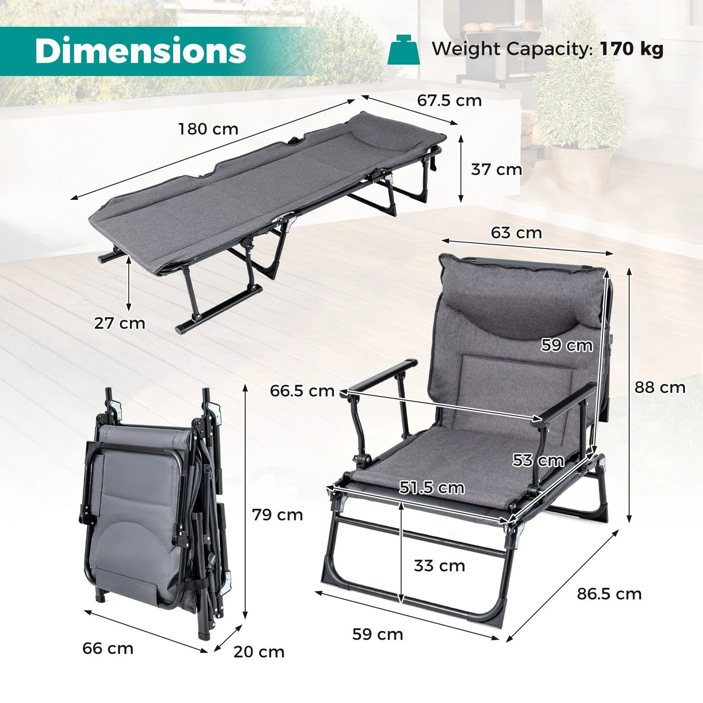 3-in-1 Folding Camping Cot Convertible Heavy Duty Metal with Adjustable Backrest