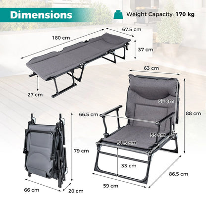 3-in-1 Folding Camping Cot Convertible Heavy Duty Metal with Adjustable Backrest
