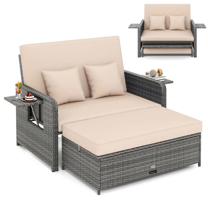 Garden Rattan Daybed, 4-Level Adjustable Patio Wicker Loveseat Sofa Bed Sun Lounger