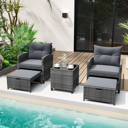5 Piece Wicker Patio Furniture Set with 2 Cushioned Chairs and 2 Ottomans