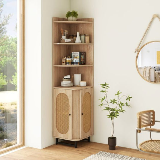 172 cm Tall PE Rattan Corner Cabinet with 2 Doors and 4 Open Shelves