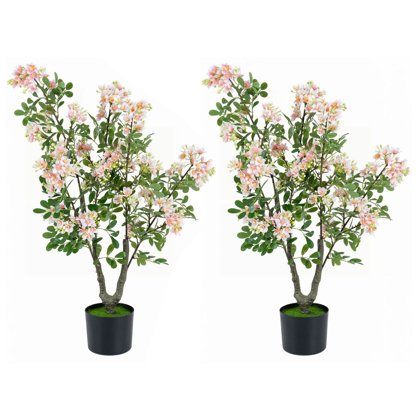 90 CM Artificial Impatiens Blossom Tree Faux Pink Floral Plant in Cement-filled Pot