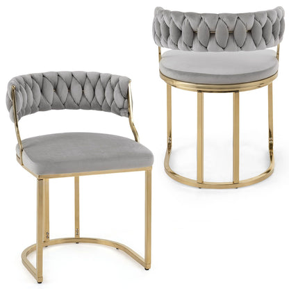 2 Pieces Velvet Dining Chairs with Curved Back and Metal Base