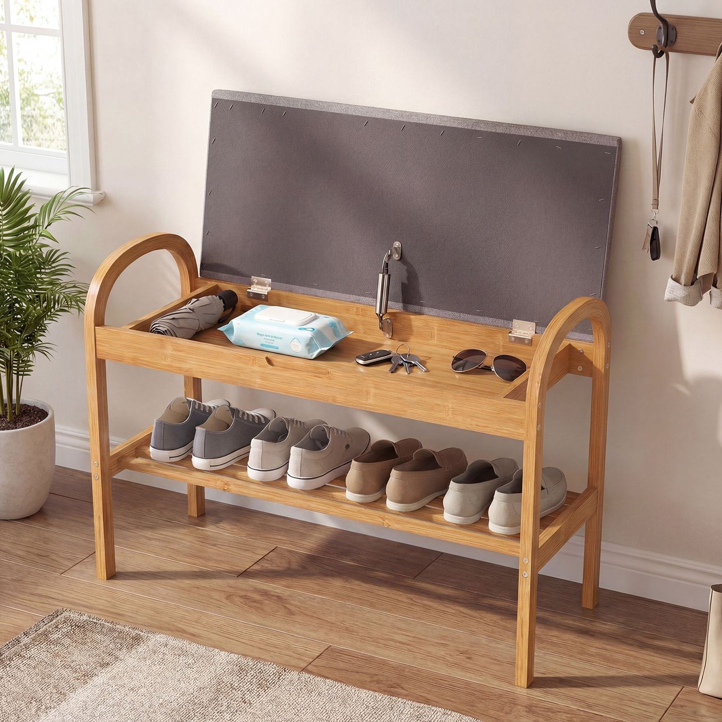 2-Tier Bamboo Shoe Bench with Storage with Padded Cushion and Shelf