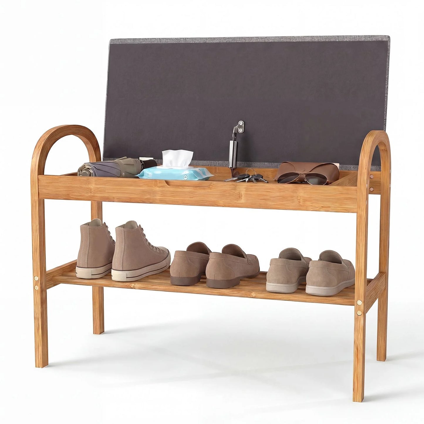 2-Tier Bamboo Shoe Bench with Storage with Padded Cushion and Shelf