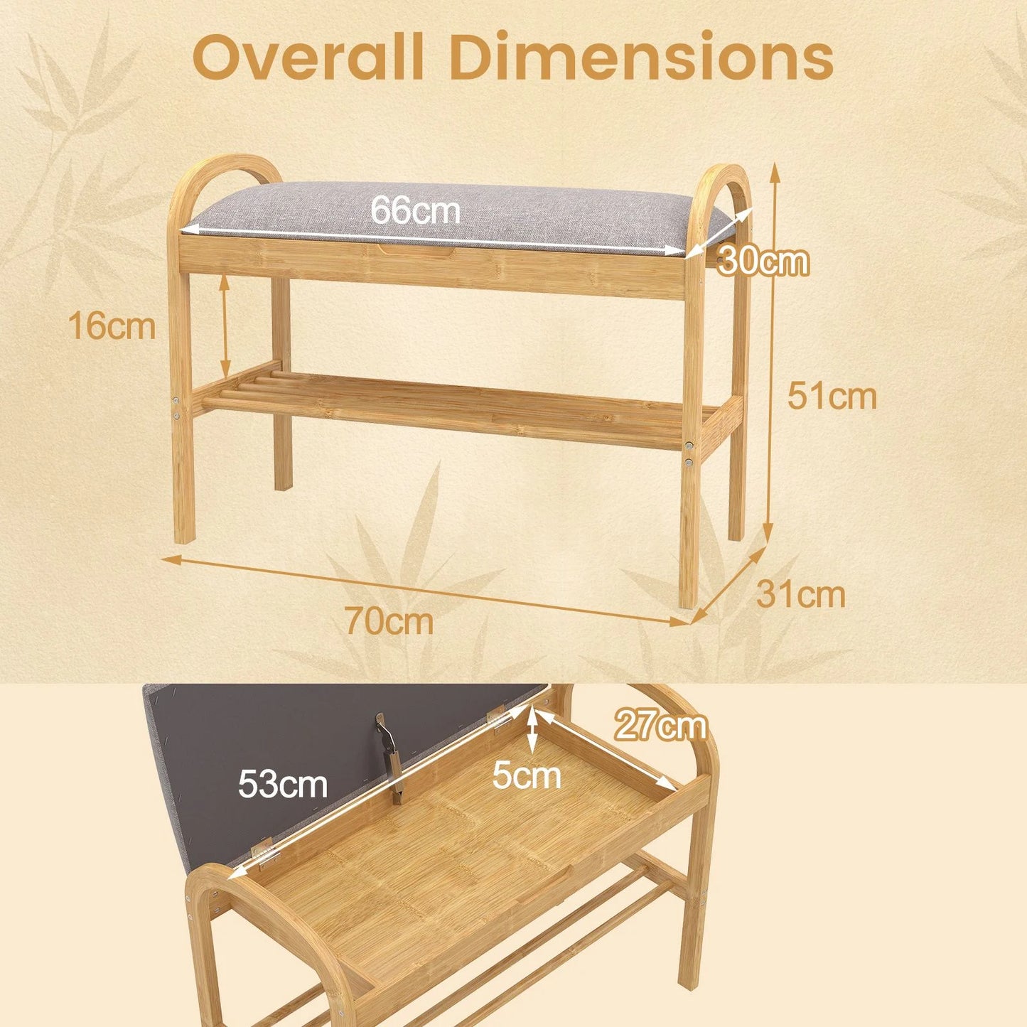 2-Tier Bamboo Shoe Bench with Storage with Padded Cushion and Shelf