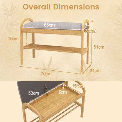 2-Tier Bamboo Shoe Bench with Storage with Padded Cushion and Shelf