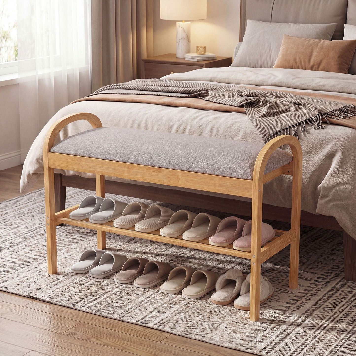 2-Tier Bamboo Shoe Bench with Storage with Padded Cushion and Shelf