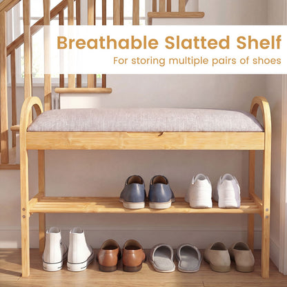 2-Tier Bamboo Shoe Bench with Storage with Padded Cushion and Shelf