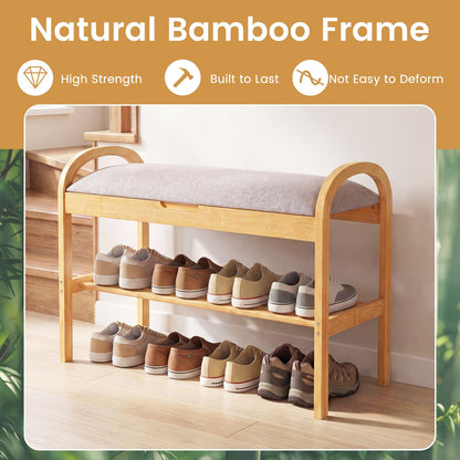 2-Tier Bamboo Shoe Bench with Storage with Padded Cushion and Shelf