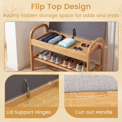 2-Tier Bamboo Shoe Bench with Storage with Padded Cushion and Shelf