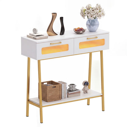 2-Tier Farmhouse Console Table with Colorful LED Lights and Open Shelf