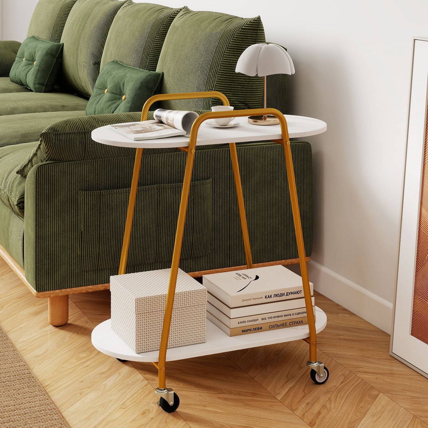 2-Tier Rolling End Table with Faux Marble Surfaces Modern Mobile Side Table