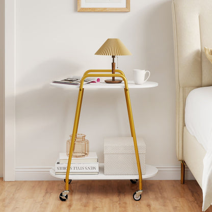 2-Tier Rolling End Table with Faux Marble Surfaces Modern Mobile Side Table