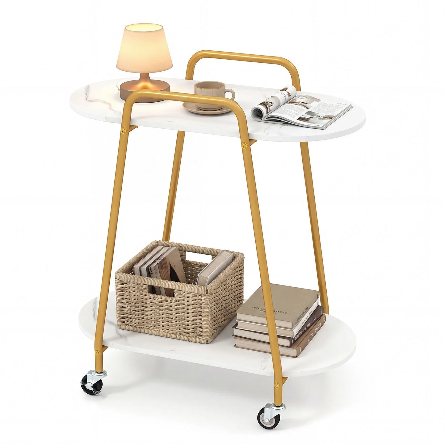 2-Tier Rolling End Table with Faux Marble Surfaces Modern Mobile Side Table