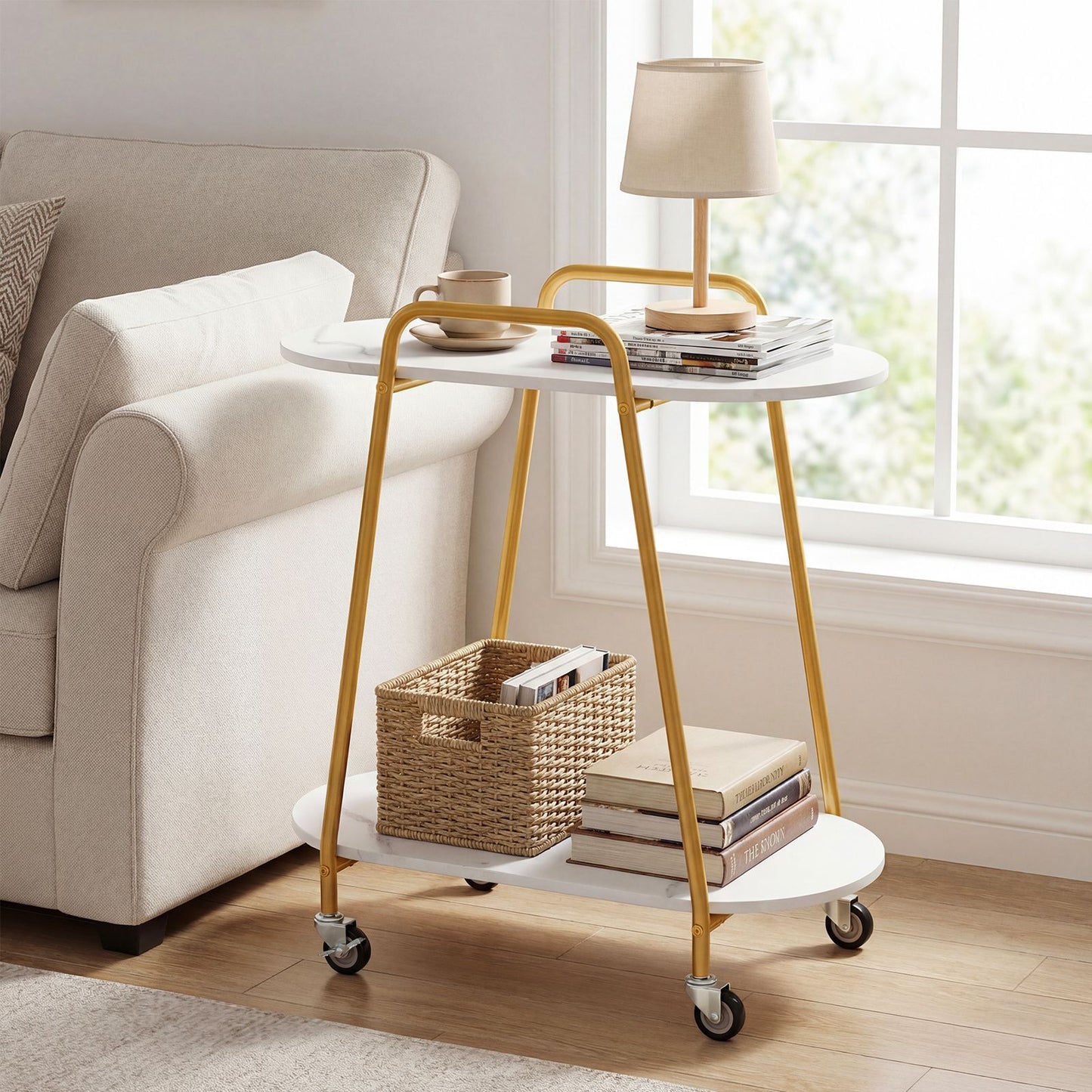 2-Tier Rolling End Table with Faux Marble Surfaces Modern Mobile Side Table