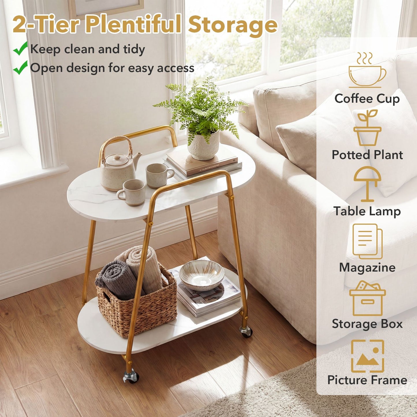 2-Tier Rolling End Table with Faux Marble Surfaces Modern Mobile Side Table