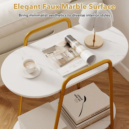 2-Tier Rolling End Table with Faux Marble Surfaces Modern Mobile Side Table