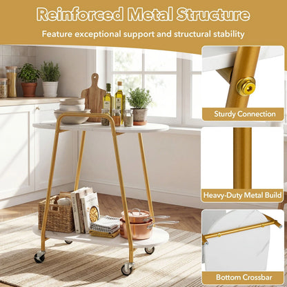 2-Tier Rolling End Table with Faux Marble Surfaces Modern Mobile Side Table