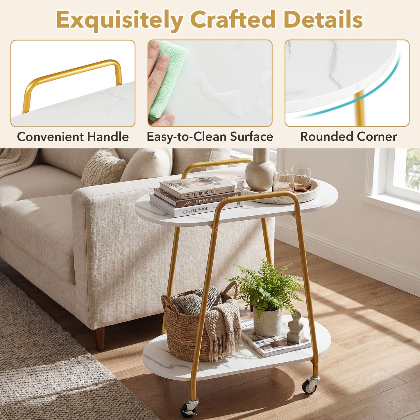 2-Tier Rolling End Table with Faux Marble Surfaces Modern Mobile Side Table