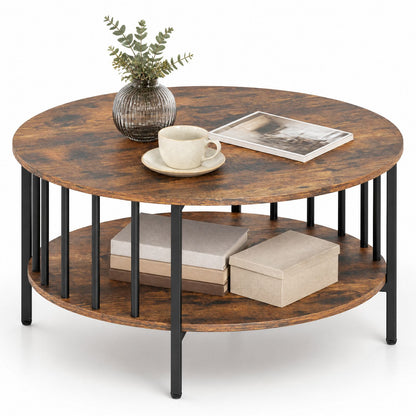 2-Tier Round Coffee Table with Open Shelf & Metal Frame for Living Room Small Spaces