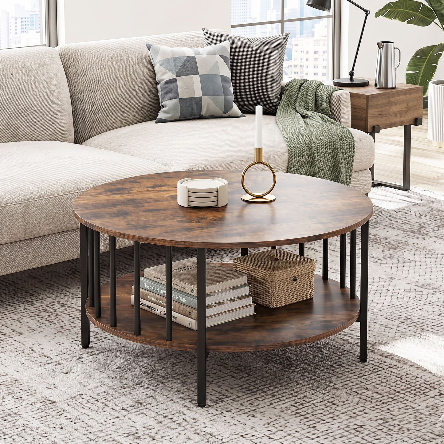 2-Tier Round Coffee Table with Open Shelf & Metal Frame for Living Room Small Spaces
