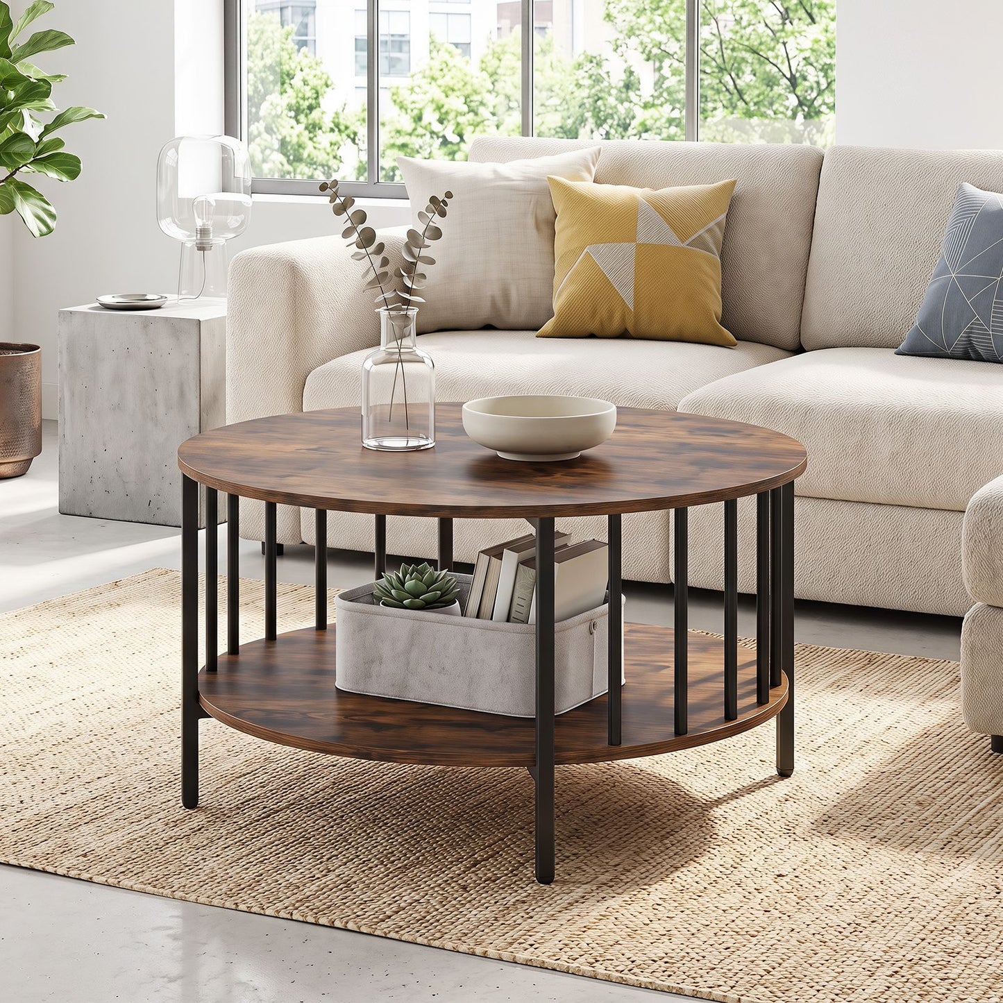2-Tier Round Coffee Table with Open Shelf & Metal Frame for Living Room Small Spaces