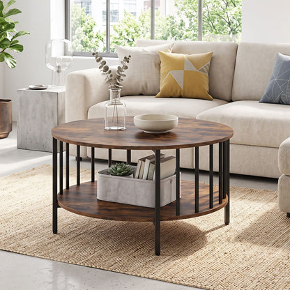2-Tier Round Coffee Table with Open Shelf & Metal Frame for Living Room Small Spaces