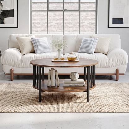 2-Tier Round Coffee Table with Open Shelf & Metal Frame for Living Room Small Spaces