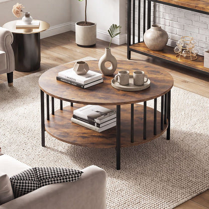 2-Tier Round Coffee Table with Open Shelf & Metal Frame for Living Room Small Spaces