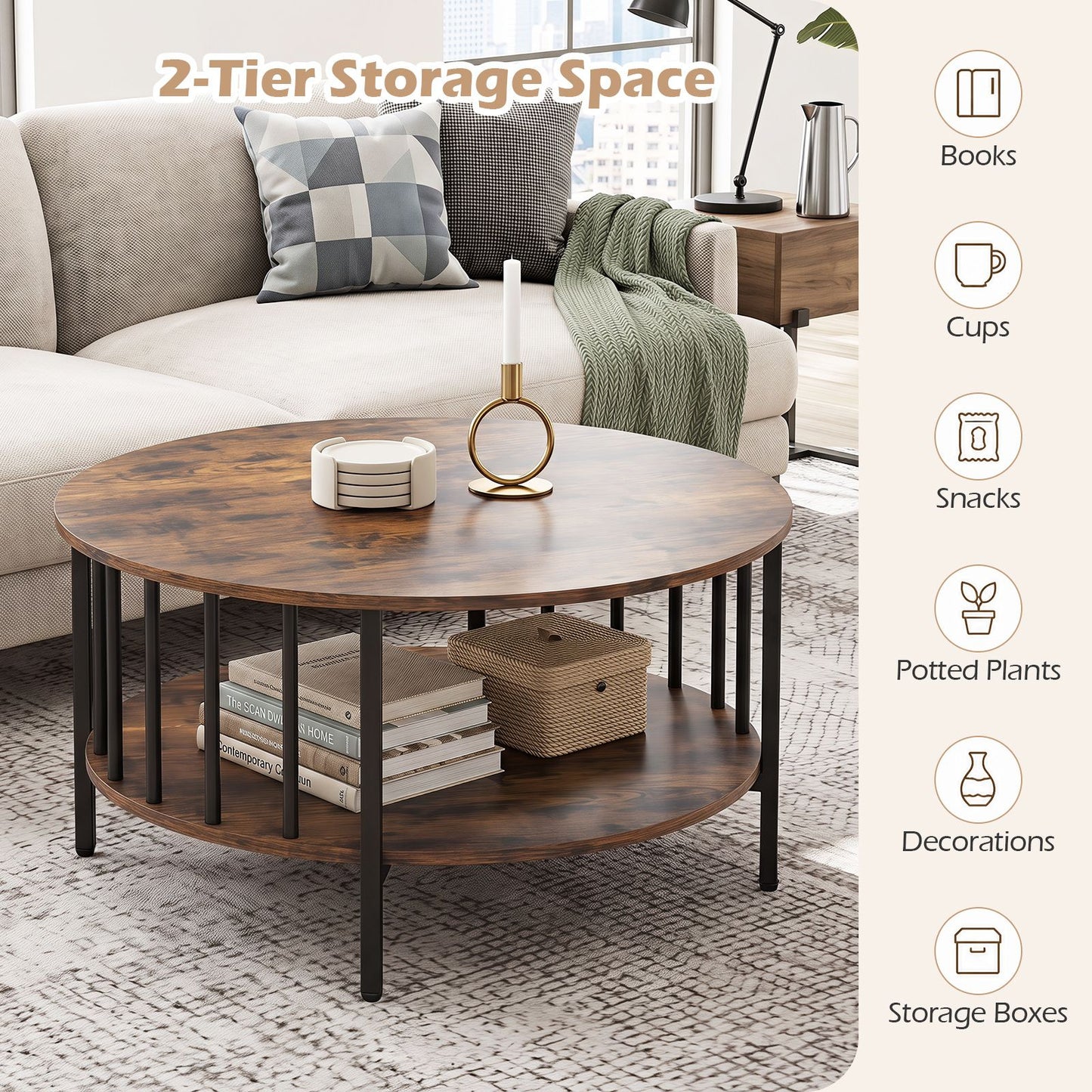 2-Tier Round Coffee Table with Open Shelf & Metal Frame for Living Room Small Spaces