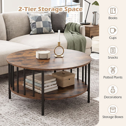 2-Tier Round Coffee Table with Open Shelf & Metal Frame for Living Room Small Spaces