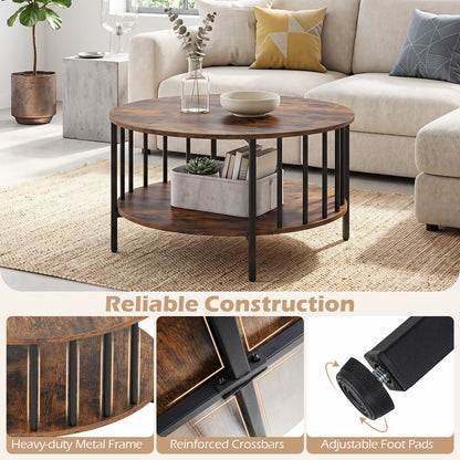 2-Tier Round Coffee Table with Open Shelf & Metal Frame for Living Room Small Spaces