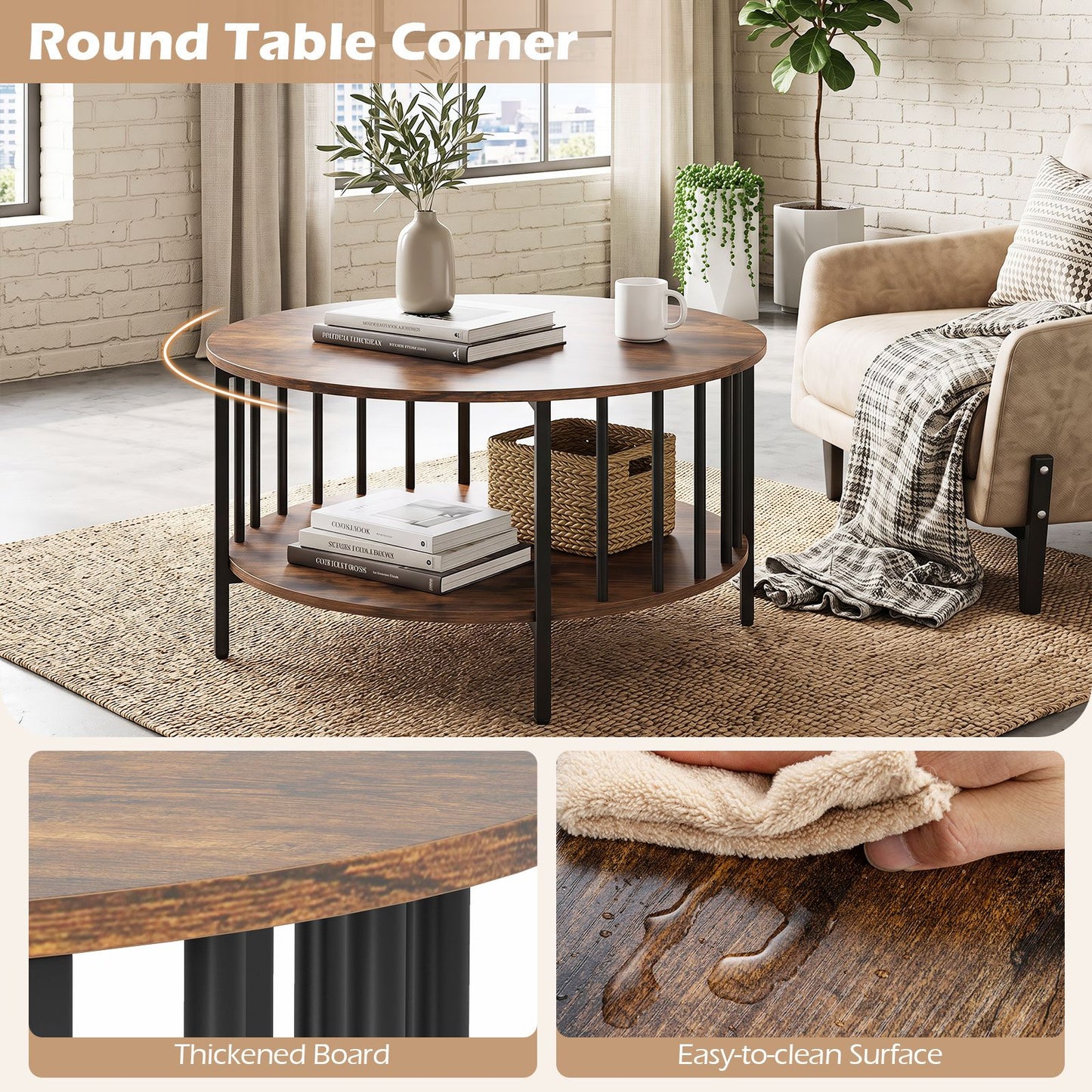 2-Tier Round Coffee Table with Open Shelf & Metal Frame for Living Room Small Spaces