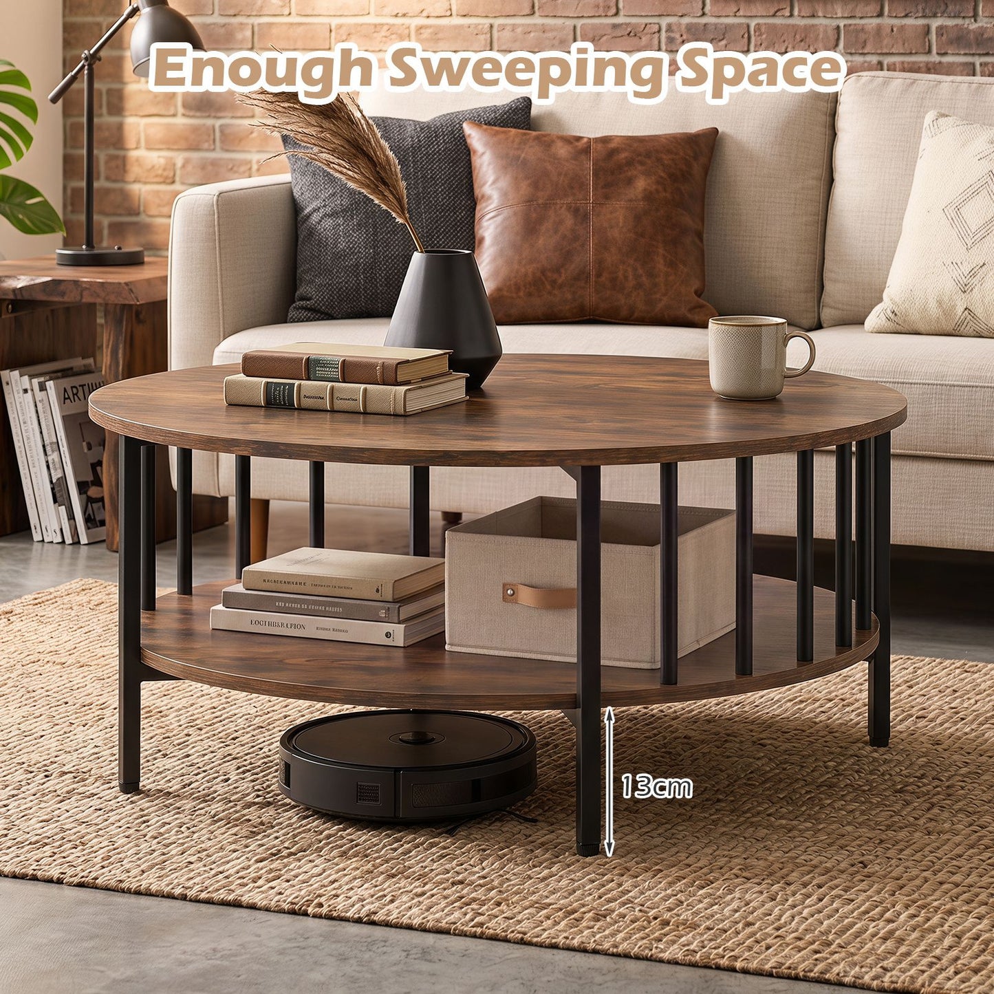 2-Tier Round Coffee Table with Open Shelf & Metal Frame for Living Room Small Spaces