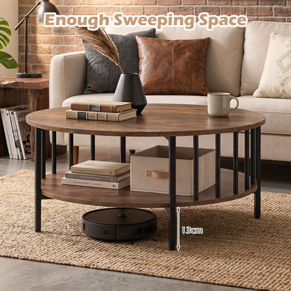 2-Tier Round Coffee Table with Open Shelf & Metal Frame for Living Room Small Spaces