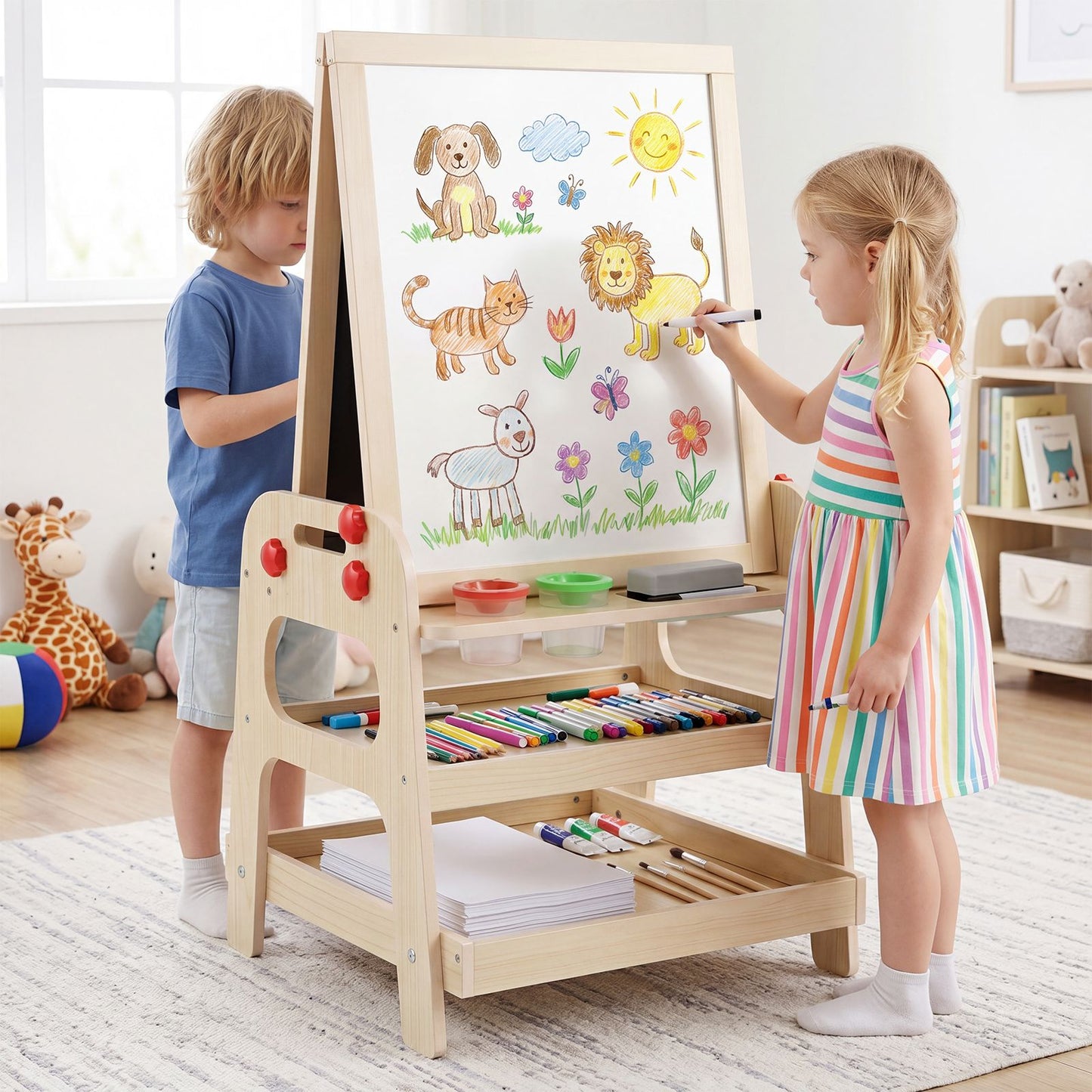2-in-1 Wooden Easel for Kids with Magnetic Whiteboard and Marble Run Game