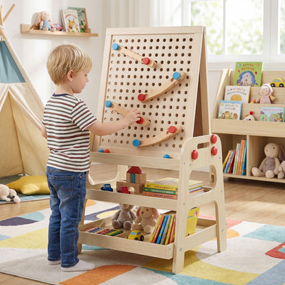 2-in-1 Wooden Easel for Kids with Magnetic Whiteboard and Marble Run Game